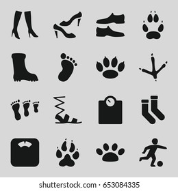 Foot icons set. set of 16 foot filled icons such as animal paw, footprint of  icobird, foot print, socks, sandals, man shoe, shoe, woman boots, boot, paw, football player