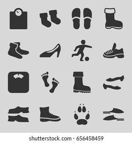 Foot icons set. set of 16 foot filled icons such as boot, animal paw, baby socks, socks, slippers, shoe, woman shoe, football player, trainers, foot, floor scales