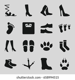 Foot icons set. set of 16 foot filled icons such as footprint of  icobird, animal paw, foot print, woman boot, woman shoe, socks, slippers, sandals, man shoe, woman boots