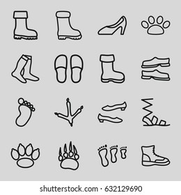 Foot icons set. set of 16 foot outline icons such as animal paw, footprint of  icobird, boot, foot print, socks, slippers, sandals, shoe, woman shoe, paw