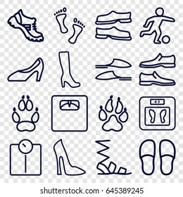 Foot icons set. set of 16 foot outline icons such as animal paw, woman boot, woman shoe, floor scales, slippers, sandals, man shoe, boot, foot, football player