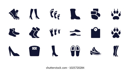 Foot icons. set of 18 editable filled foot icons: woman boot, socks, slippers, woman boots, boot, family footprint, floor scale, animal paw, baby socks, woman shoe, shoe