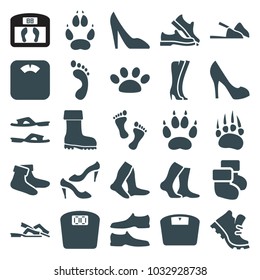 Foot icons. set of 25 editable filled foot icons such as animal paw, socks, slippers, man shoe, shoe, floor scales, boot, paw, baby socks, woman shoe