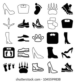 Foot icons. set of 25 editable filled and outline foot icons such as foot print, floor scales, slippers, shoe, boot, family footprint, trainers, woman shoe, paw, animal paw