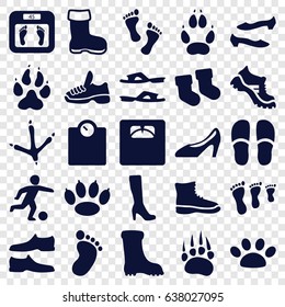 Foot icons set. set of 25 foot filled icons such as boot, animal paw, footprint of  icobird, baby socks, foot print, woman boot, floor scales, slippers, man shoe, shoe