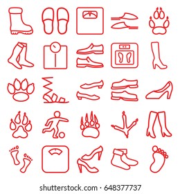 Foot icons set. set of 25 foot outline icons such as animal paw, footprint of  icobird, foot print, woman boot, floor scales, socks, slippers, sandals, man shoe, shoe
