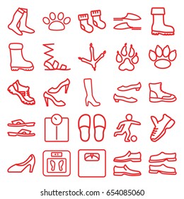 Foot icons set. set of 25 foot outline icons such as animal paw, footprint of  icobird, baby socks, woman boot, floor scales, socks, slippers, sandals, man shoe 