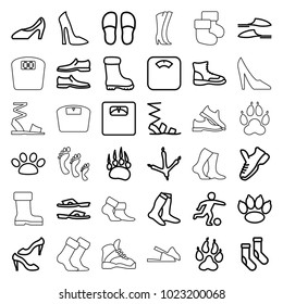 Foot icons. set of 36 editable outline foot icons such as animal paw, footprint of  icobird, woman shoe, socks, slippers, sandals, man shoe, shoe, boot, paw, floor scales
