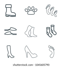 Foot icons. set of 9 editable outline foot icons such as woman boot, socks, slippers, boot, paw, foot print, family footprint