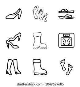Foot icons. set of 9 editable outline foot icons such as floor scales, slippers, shoe, woman boots, boot, woman shoe, foot