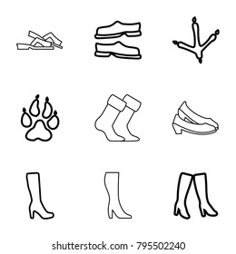Foot icons. set of 9 editable outline foot icons such as animal paw, footprint of  icobird, woman boot, slippers, woman boots, socks