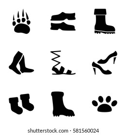 foot icons set. Set of 9 foot filled icons such as animal paw, baby socks, socks, slippers, sandals, shoe, boot
