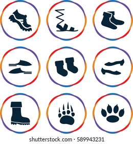 foot icons set. Set of 9 foot filled icons such as animal paw, baby socks, socks, slippers, sandals, shoe, boot