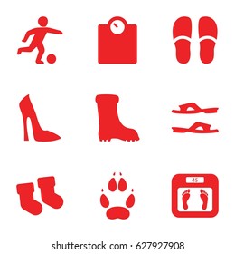 Foot icons set. set of 9 foot filled icons such as animal paw, baby socks, woman shoe, floor scales, slippers, boot, football player