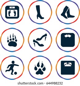 Foot icons set. set of 9 foot filled icons such as animal paw, woman boot, floor scales, socks, shoe