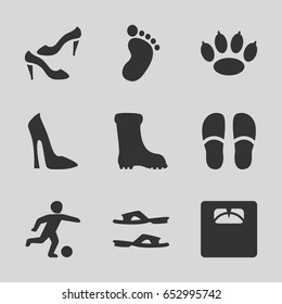 Foot icons set. set of 9 foot filled icons such as foot print, woman shoe, slippers, shoe, boot, floor scales, football player