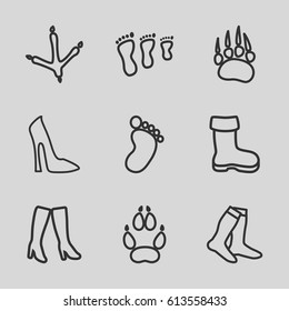 Foot icons set. set of 9 foot outline icons such as animal paw, footprint of  icobird, boot, foot print, woman shoe, socks, woman boots