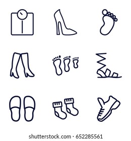 Foot icons set. set of 9 foot outline icons such as baby socks, foot print, woman shoe, slippers, sandals, woman boots, trainers, family footprint