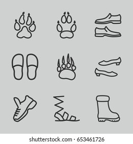 Foot icons set. set of 9 foot outline icons such as animal paw, slippers, sandals, man shoe, shoe, boot