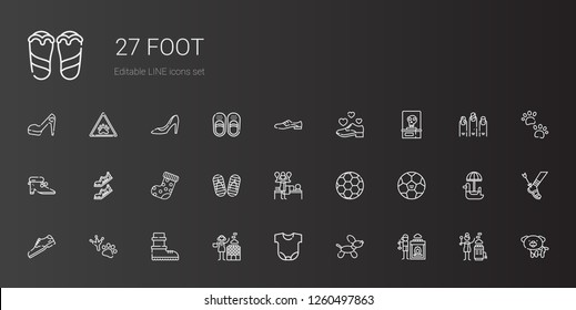 foot icons set. Collection of foot with hot stones, dog, body, boots, footprint, shoe, football, massage, flip flop, sock, shoes, skeleton, achilles. Editable and scalable foot icons.