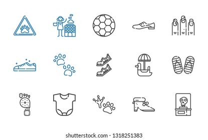 foot icons set. Collection of foot with skeleton, shoes, footprint, body, flip flop, pedal boat, pawprints, sneakers, nails, football, hot stones. Editable and scalable foot icons.