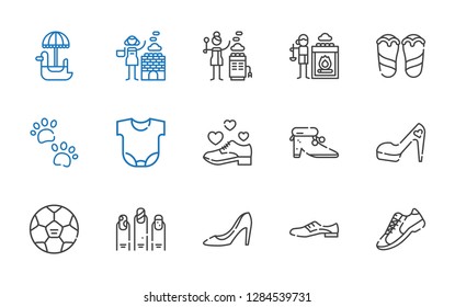 foot icons set. Collection of foot with sneakers, shoes, high heels, nails, football, shoe, body, pawprints, flip flops, hot stones, pedal boat. Editable and scalable foot icons.