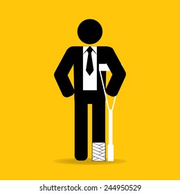 foot injured cartoon businessman in bandage with crutches : be careful prevent accidents : safety health concept on yellow background vector