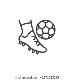 Foot kicks a soccer ball line icon. linear style sign for mobile concept and web design. Football ball and boots shoe outline vector icon. Symbol, logo illustration. Vector graphics