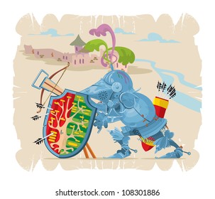 Foot knight in battle. Cartoon, 5, vector