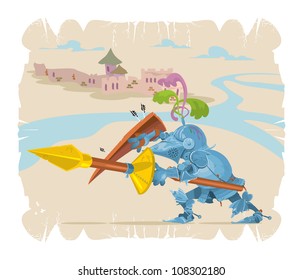Foot knight in battle. Cartoon, 7, vector