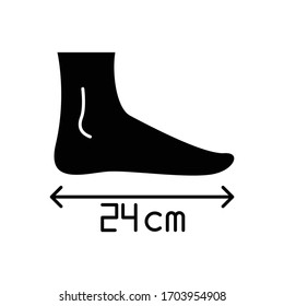 Foot length black glyph icon. Human body parameters measurement, shoemaking silhouette symbol on white space. Foot size from heel to toe specification for bespoke shoes. Vector isolated illustration