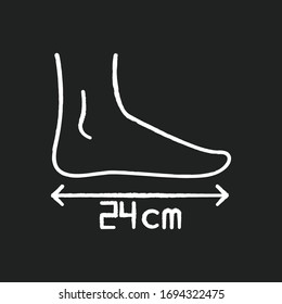Foot length chalk white icon on black background. Human body parameters measurement, shoemaking. Foot size from heel to toe specification for bespoke shoes. Isolated vector chalkboard illustration