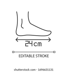 Foot length pixel perfect linear icon. Thin line customizable illustration. Human body parameters measurement, shoemaking contour symbol. Vector isolated outline drawing. Editable stroke