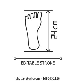 Foot length from toe to heel pixel perfect linear icon. Thin line customizable illustration. Body part size specification, shoemaking contour symbol. Vector isolated outline drawing. Editable stroke