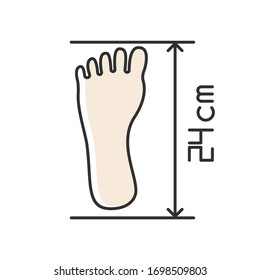 Foot Length From Toe To Heel RGB Color Icon. Body Part Size Specification, Shoemaking. Measuring Foot Dimensions For Bespoke Shoes. Isolated Vector Illustration