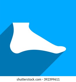 Foot long shadow vector icon. Style is a flat foot iconic symbol on a blue square background.