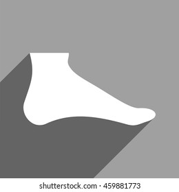 Foot long shadow vector icon. Style is a flat foot white iconic symbol on a gray square background.