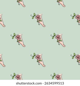 Foot and lotus flower. Women's health. SPA procedures. Vector seamless pattern. Bright illustration for background, print, wrapping paper. Repeating pattern on green background