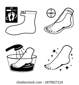 Foot mask. Step-by-step instructions for using a cosmetic foot mask socks. Vector illustration in outline style.Set of vector isolated illustrations.