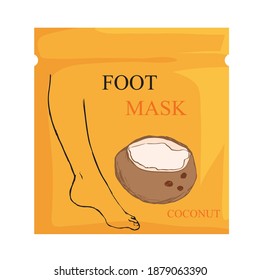 foot mask template with coconut. black and white sketch of a leg with a color sketch of a coconut on orange packaging. hand draws. vector. mockup
