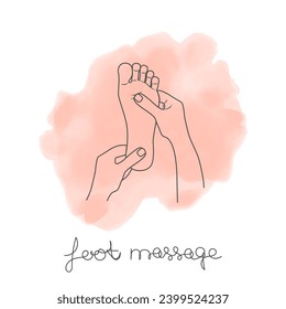 Foot massage concept.  Inspection, prevention reflexes and therapy.  The hands of a massage therapist massaged feet.  Foot massage on peach fuzz watercolor background for your web site design, 