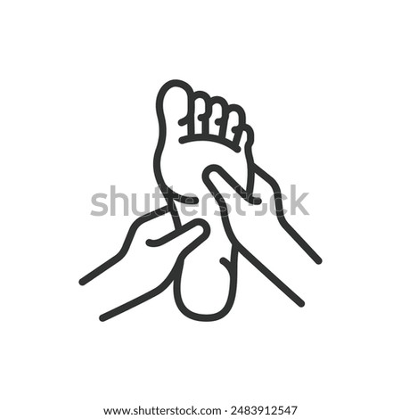 Foot massage, in line design. Foot massage, relaxation, reflexology, foot therapy, self-care, wellness, stress relief on white background vector. Foot massage editable stroke icon.