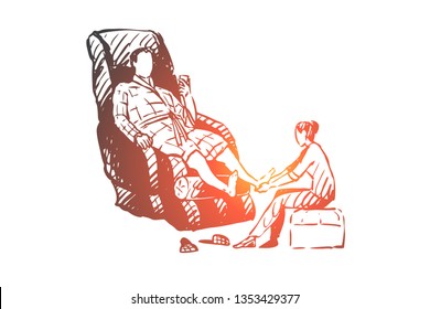 Foot, massage, man, barefoot, leg concept. Hand drawn man sits in chair and has foot massage concept sketch. Isolated vector illustration.