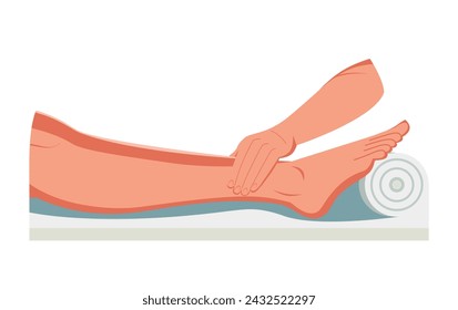 Foot massage. Relaxing foot and leg massage concept. Service, prevention, health and medicine. Graphic vector. Cartoon drawing.