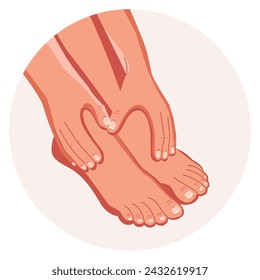 Foot Massage. Self-massage of feet for health and prevention. Wellness procedures. Concept of medicine and health, self-treatment. Vector. Round background close-up. 