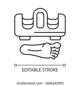 Foot Massager Linear Icon. Electric Device For Feet Stimulation. Foot Massage Machine. Body Care. Thin Line Customizable Illustration. Contour Symbol. Vector Isolated Outline Drawing. Editable Stroke