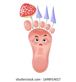 Foot nail fungus vector cartoon illustration. Parasitic mushrooms on leg. Сharacter with a sad expression.  Concept of fungal infection on skin of feet, mycosis on the fingernai. Derma treatment.