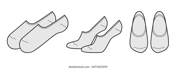 Fuß, Socken ohne Anzeige Länge gesetzt. Mode Strumpfwaren Accessoire Bekleidung technische Illustration Strumpf. Vektorgrafik vorne, Seitenansicht Stil, flache Vorlage CAD Mockup Skizze Umriss isoliert auf weißem Hintergrund 