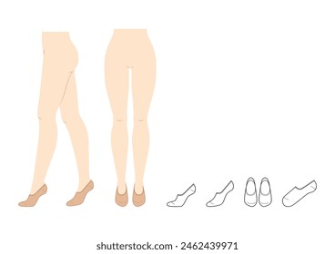Foot, No-show socks set on women legs and CAD flat template mockup. Hosiery Fashion accessory clothing technical illustration stocking. Vector front, side view, sketch outline isolated on white