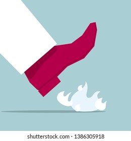 Foot on the flame. Isolated on blue background.